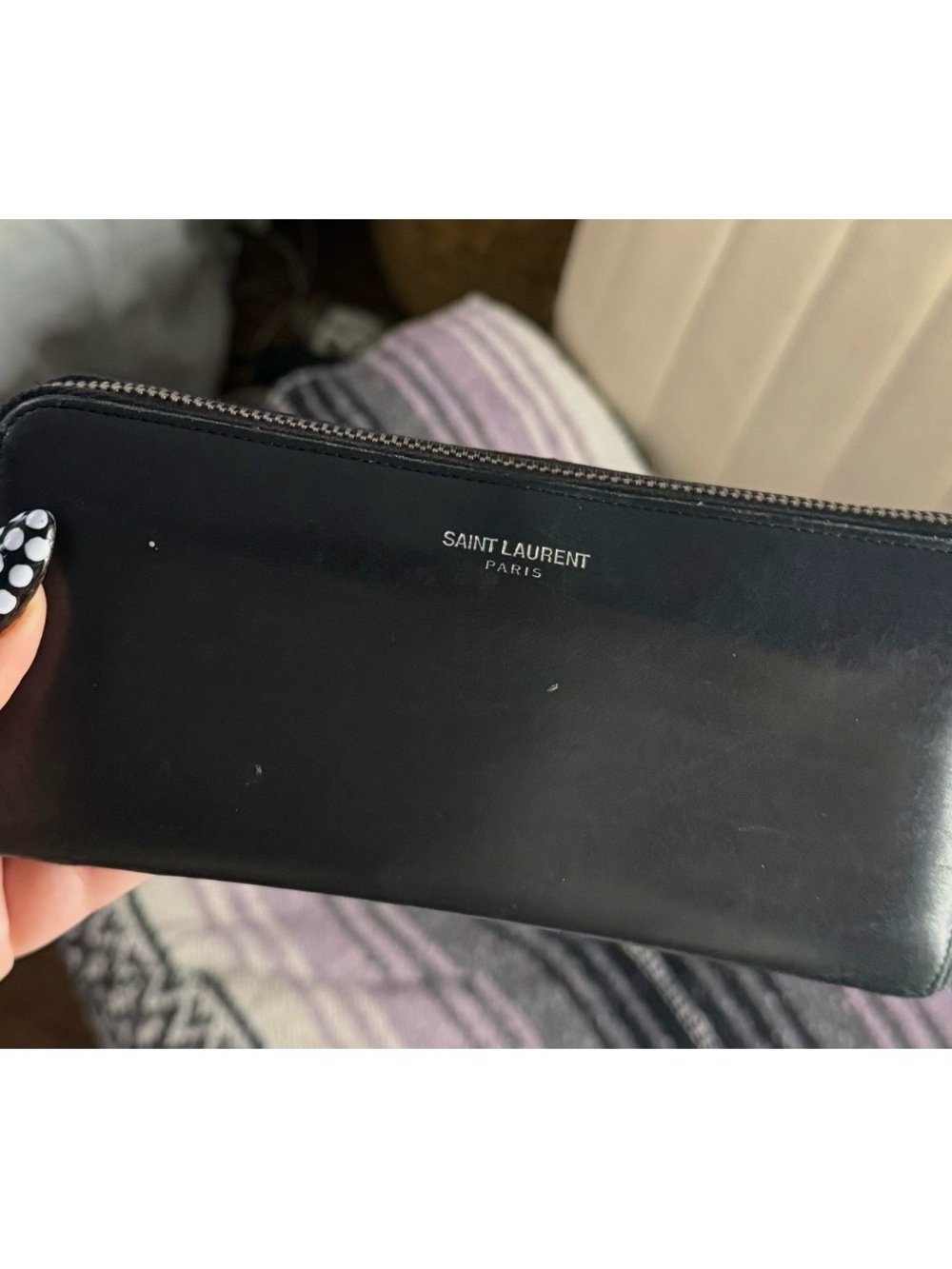 Saint Laurent Black Leather Zip Pouch with Silver Logo